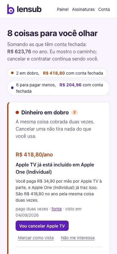 A tela de sugestões no telefone: o Apple TV+ avulso já vem dentro do Apple One, com o valor no ano, o link da fonte e a data em que o preço foi visto.
